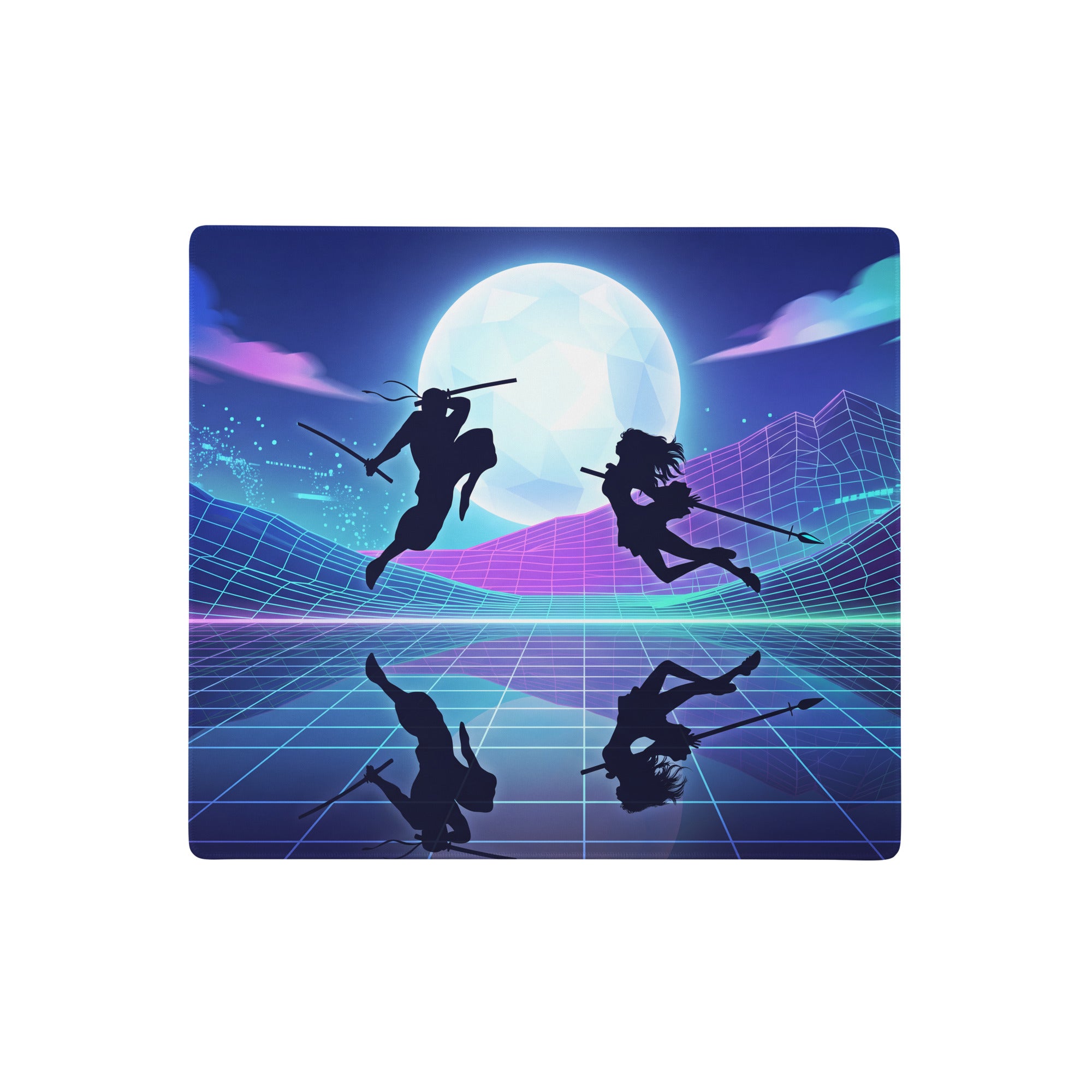 Neon vaporwave nightscape mouse pad with ninjas in silhouette leaping on a glowing blue purple grid landscape under a moon