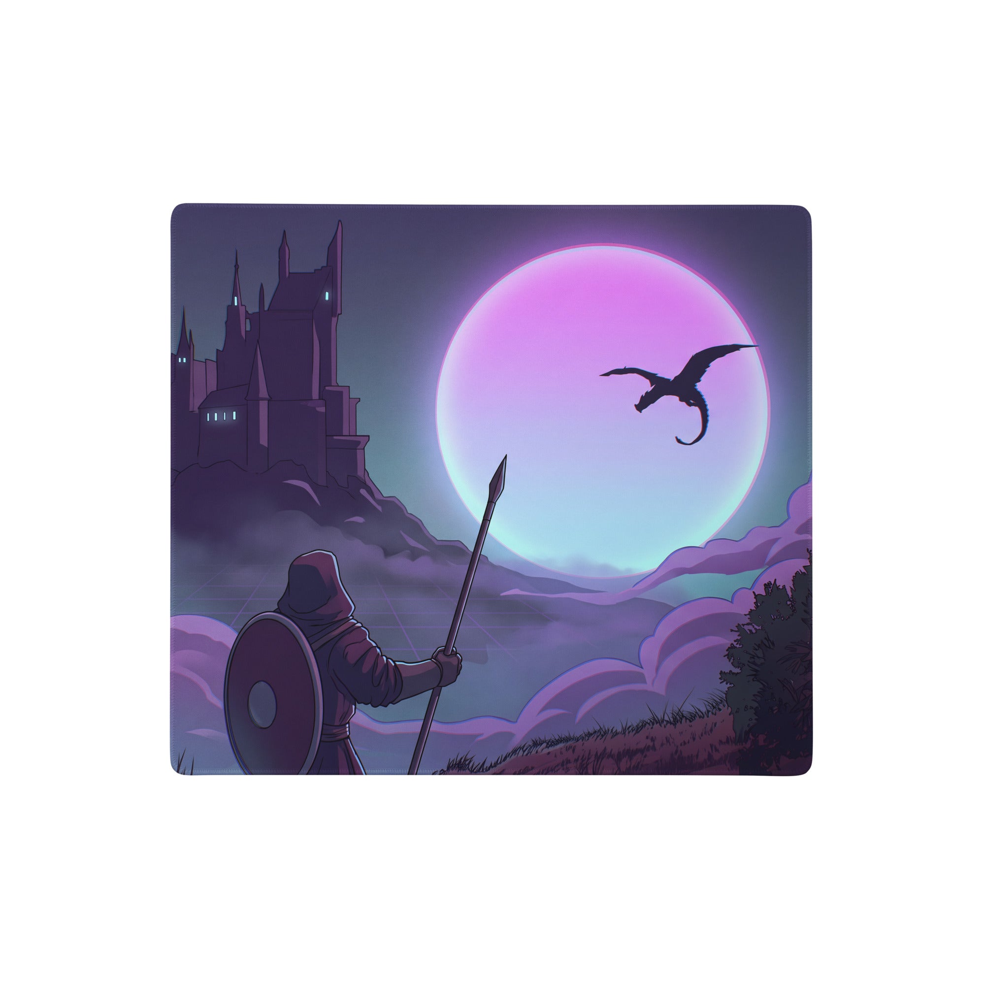 Vaporwave neon moon mouse pad with purple blue gradient featuring a hooded warrior, castle, and dragon silhouette under moonlight