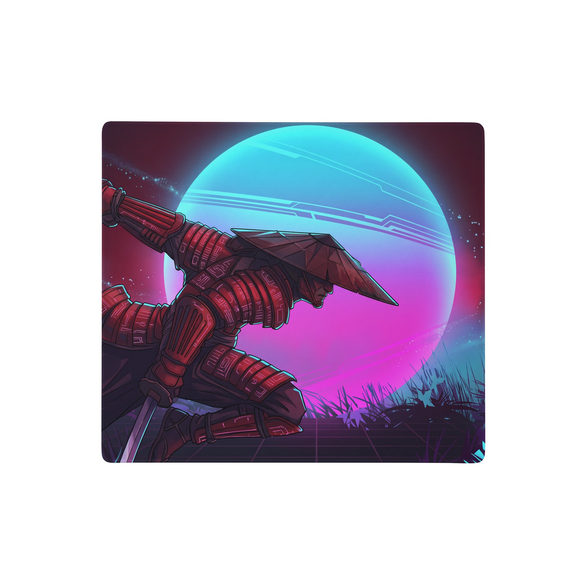 Vaporwave neon warrior mouse pad featuring a ninja in red armor with a pointed hat against a cyan magenta planet backdrop