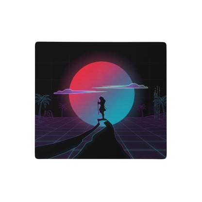 Neon vaporwave mouse pad with glowing red and teal sun, silhouetted figure, and neon palm trees on grid surface