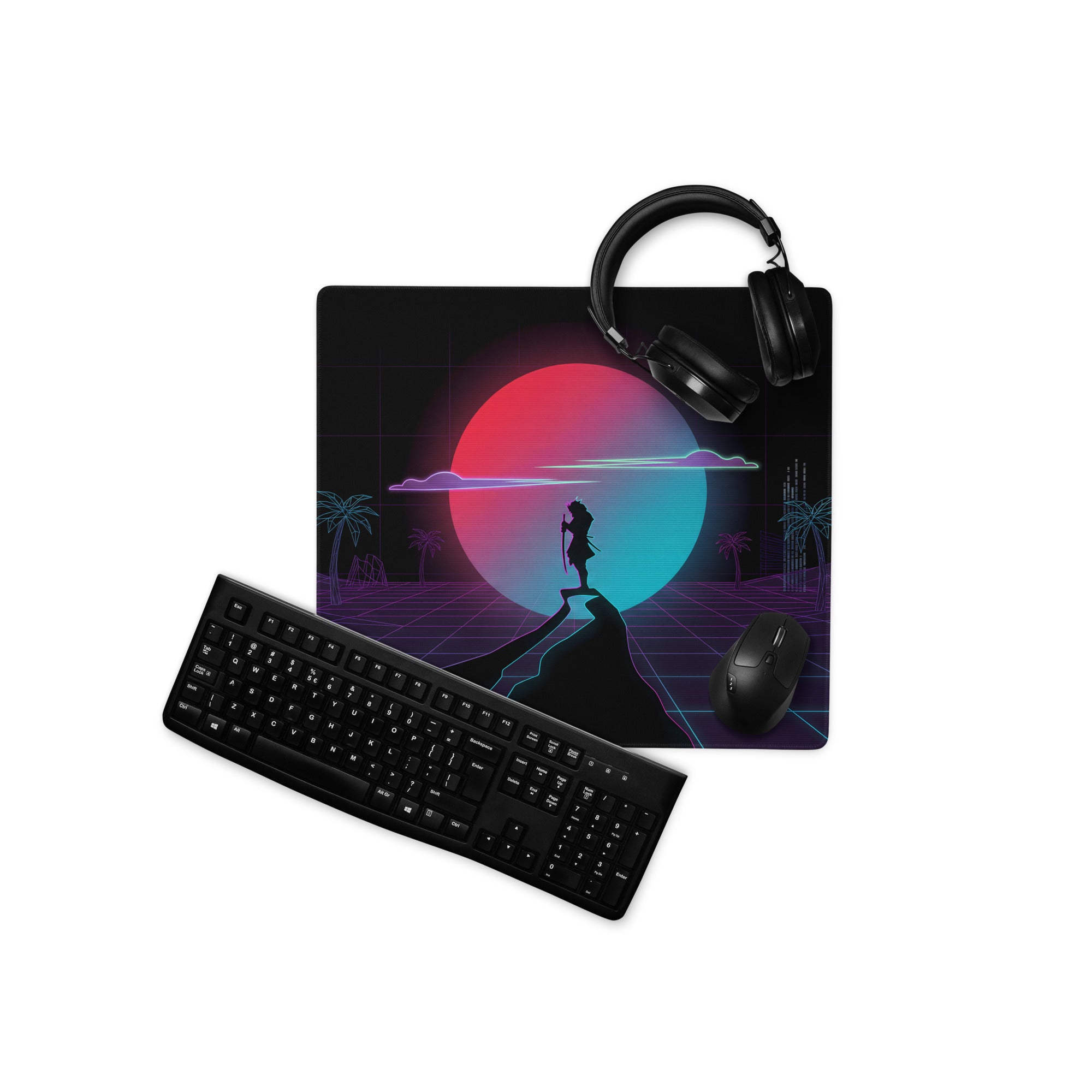 Black gaming mouse pad with neon vaporwave sunset, palm trees, and silhouette for retro futuristic desk setup