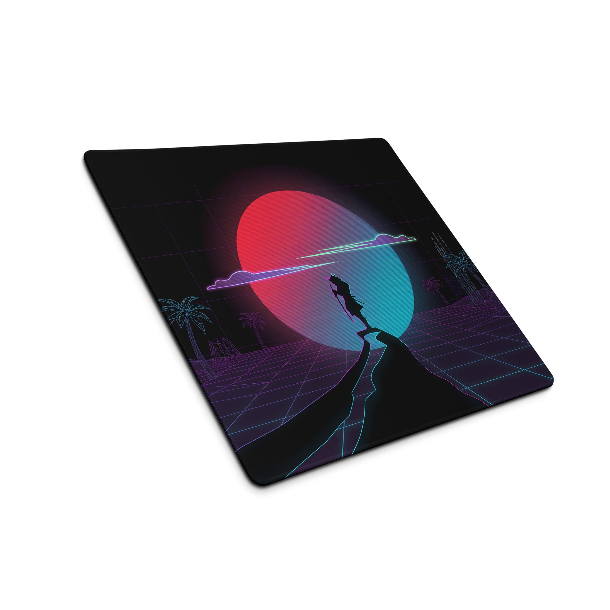 Black rectangular neon vaporwave mouse pad with vibrant pink teal gradients palm trees and retro futuristic design