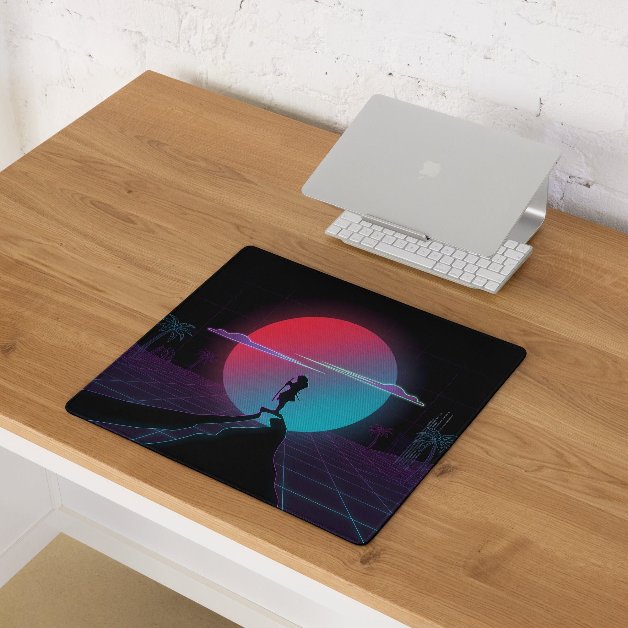 Neon vaporwave mouse pad with black rectangular design featuring glowing red and blue sun and silhouette on neon grid lines