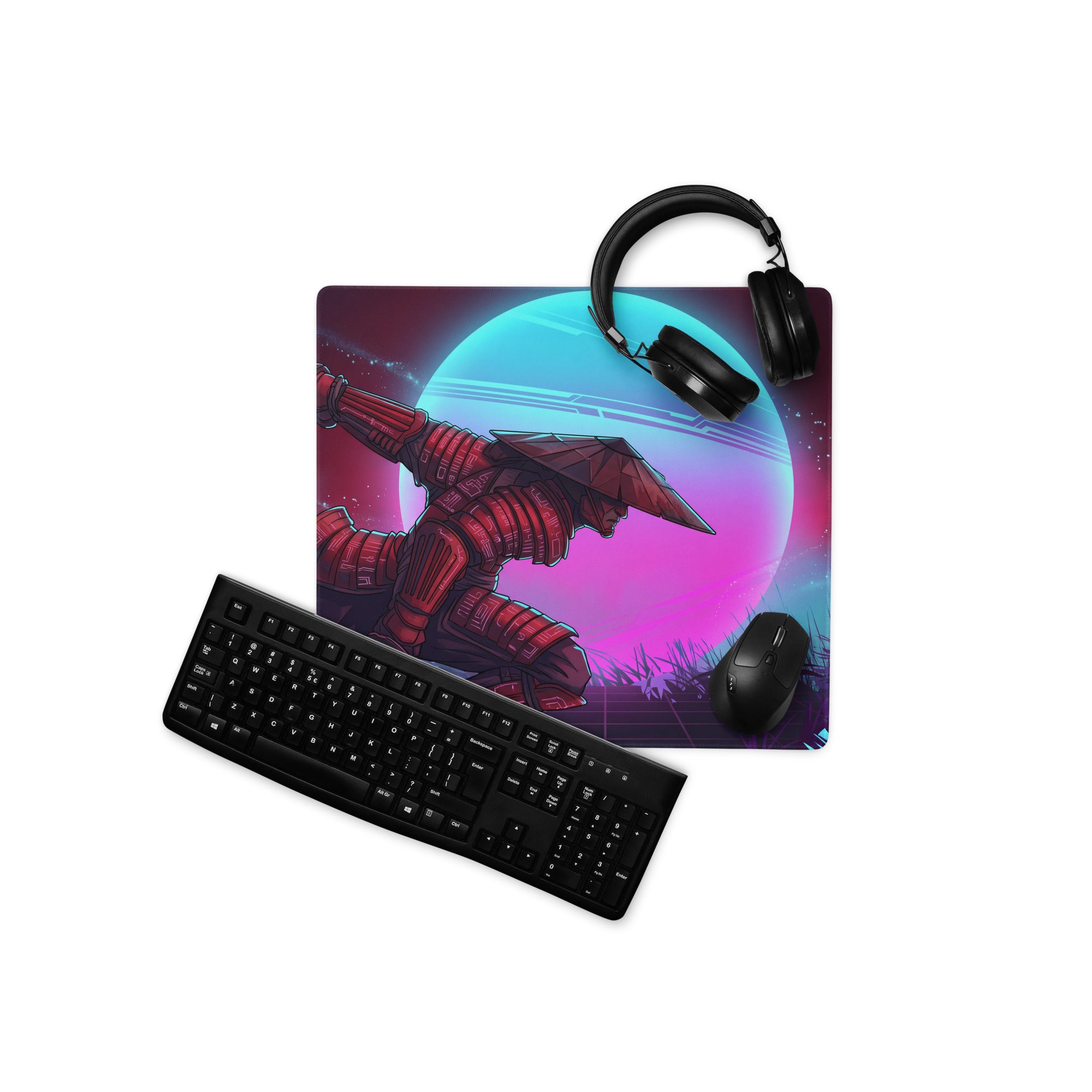 Vibrant neon blue pink purple gaming mousepad with a red armored samurai and glowing planet vaporwave design