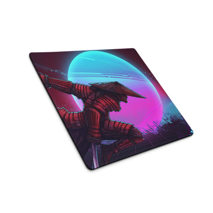 Rectangular gaming mousepad with vibrant red-armored samurai illustration on neon blue pink cosmic vaporwave background