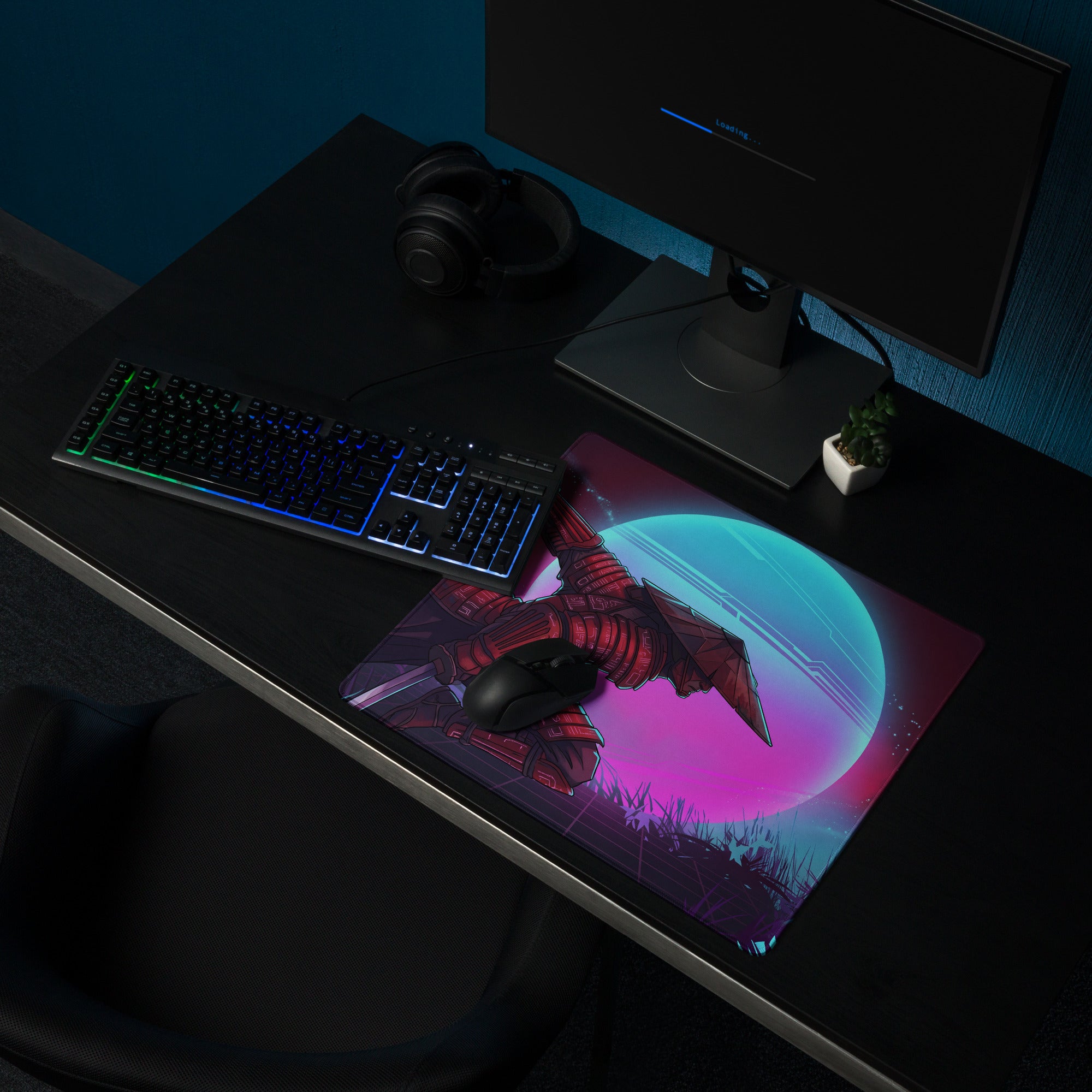 Vibrant rectangular vaporwave neon warrior mousepad with red armored figure on glowing pink and teal cosmic background