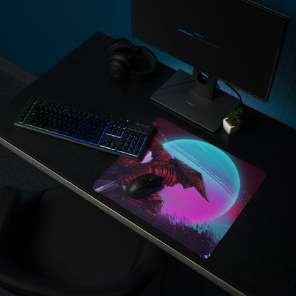 Vibrant rectangular vaporwave neon warrior mousepad with red armored figure on glowing pink and teal cosmic background