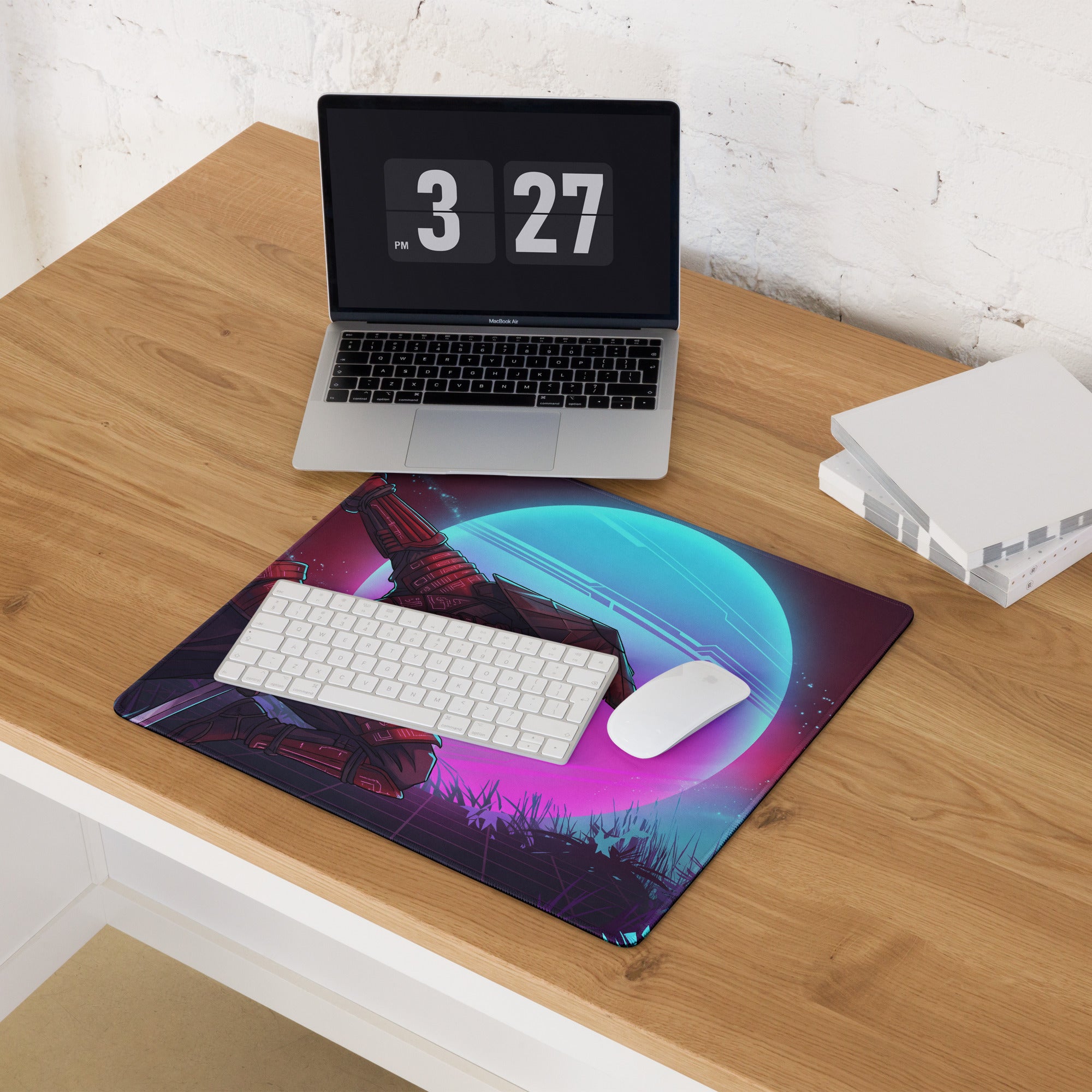 A vibrant vaporwave neon warrior gaming mouse pad with a futuristic spaceship design in blue pink and purple hues