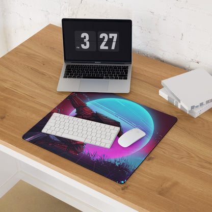 A vibrant vaporwave neon warrior gaming mouse pad with a futuristic spaceship design in blue pink and purple hues