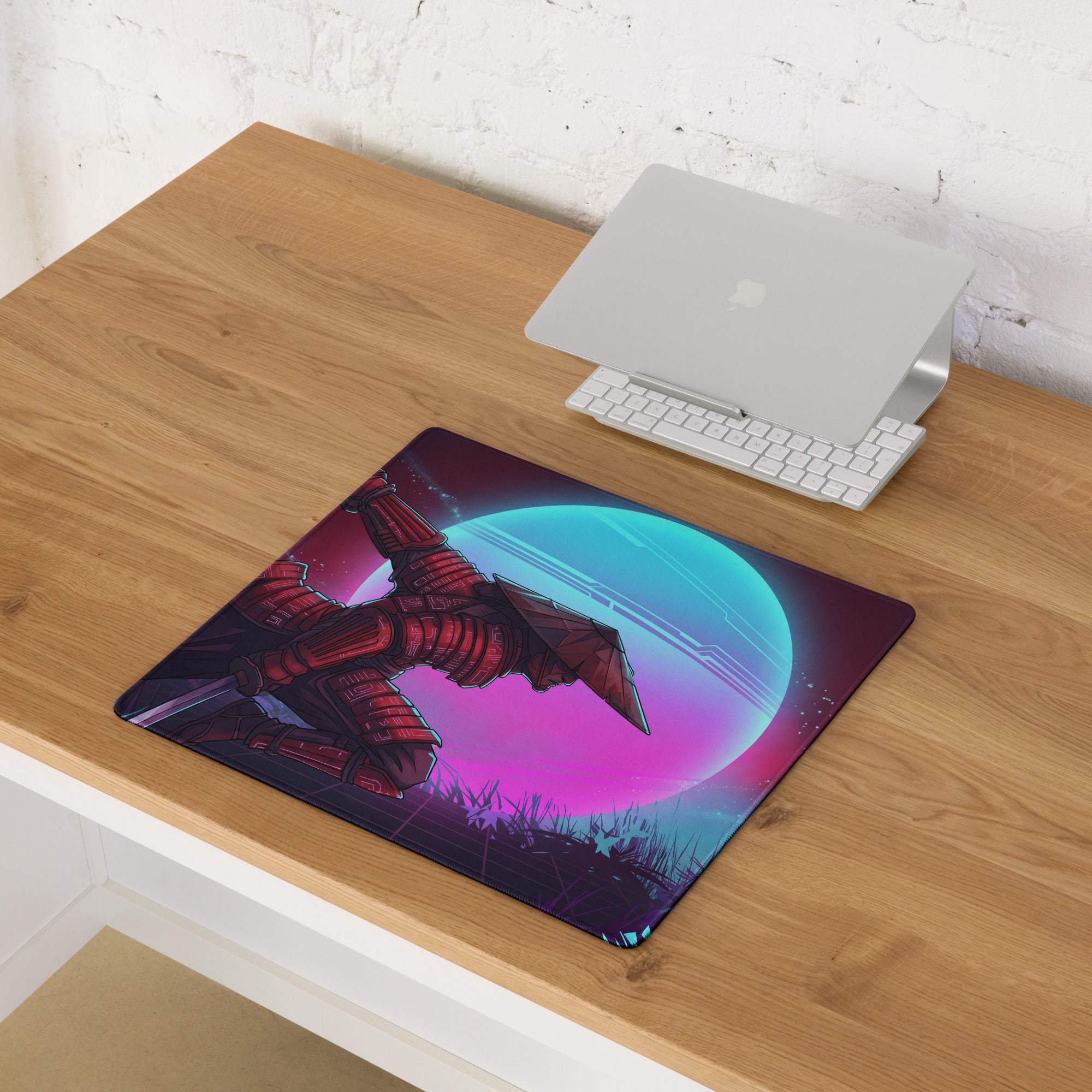 Vaporwave neon warrior mouse pad with neon pink and cyan sci-fi design featuring red armored figure on glowing planet background