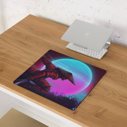 Vaporwave neon warrior mouse pad with neon pink and cyan sci-fi design featuring red armored figure on glowing planet background