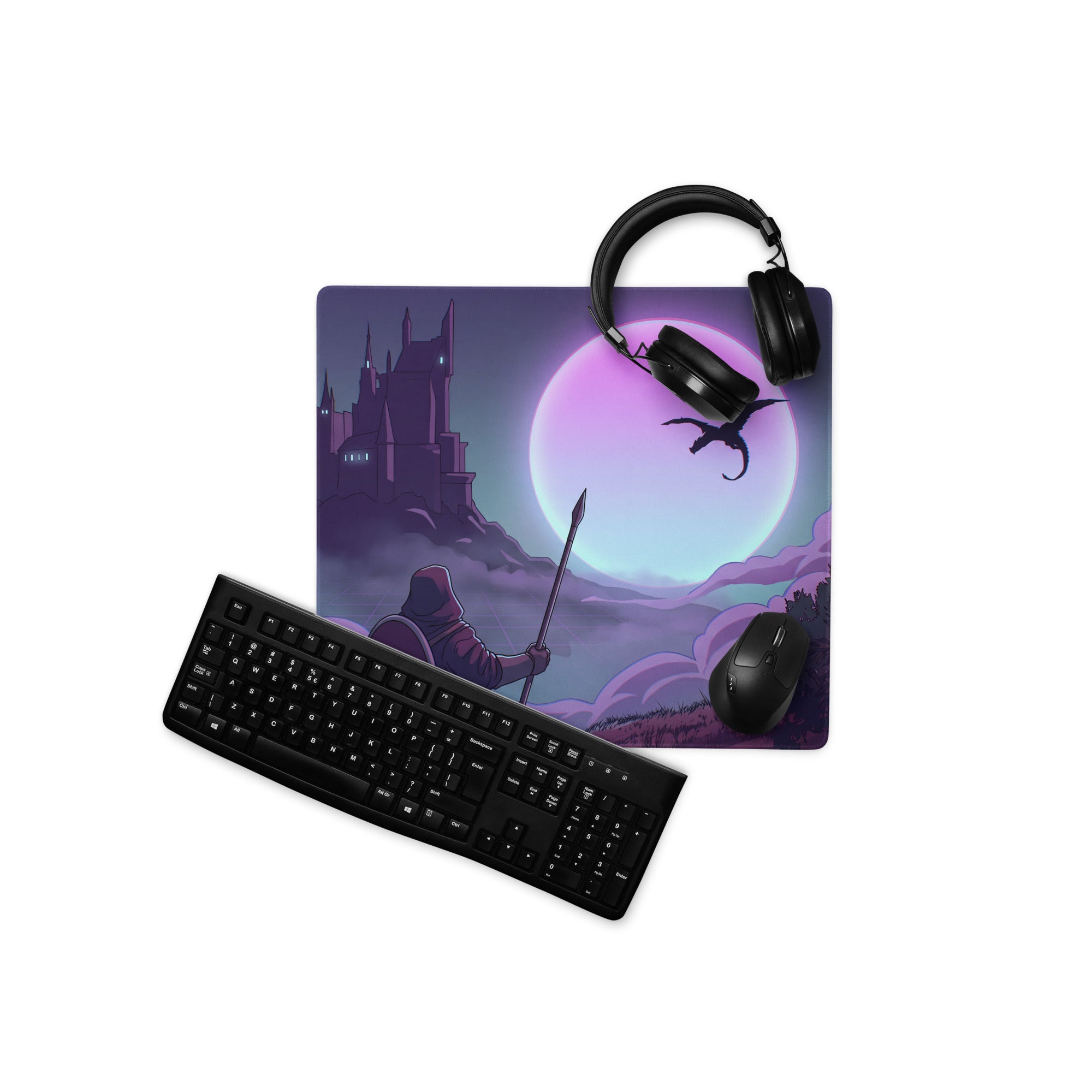 Purple vaporwave neon moon gaming mouse pad featuring a castle dragon and warrior under a glowing moon design
