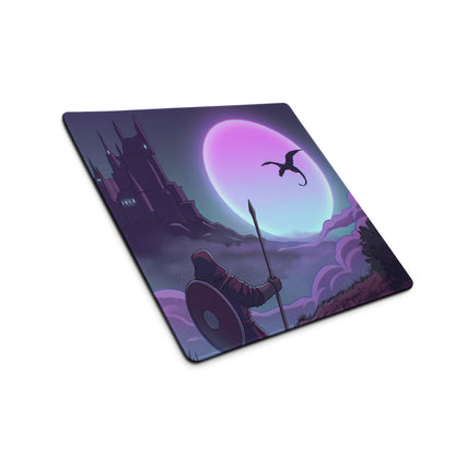 Purple and blue vaporwave neon moon mouse pad featuring a knight and dragon against a glowing castle backdrop