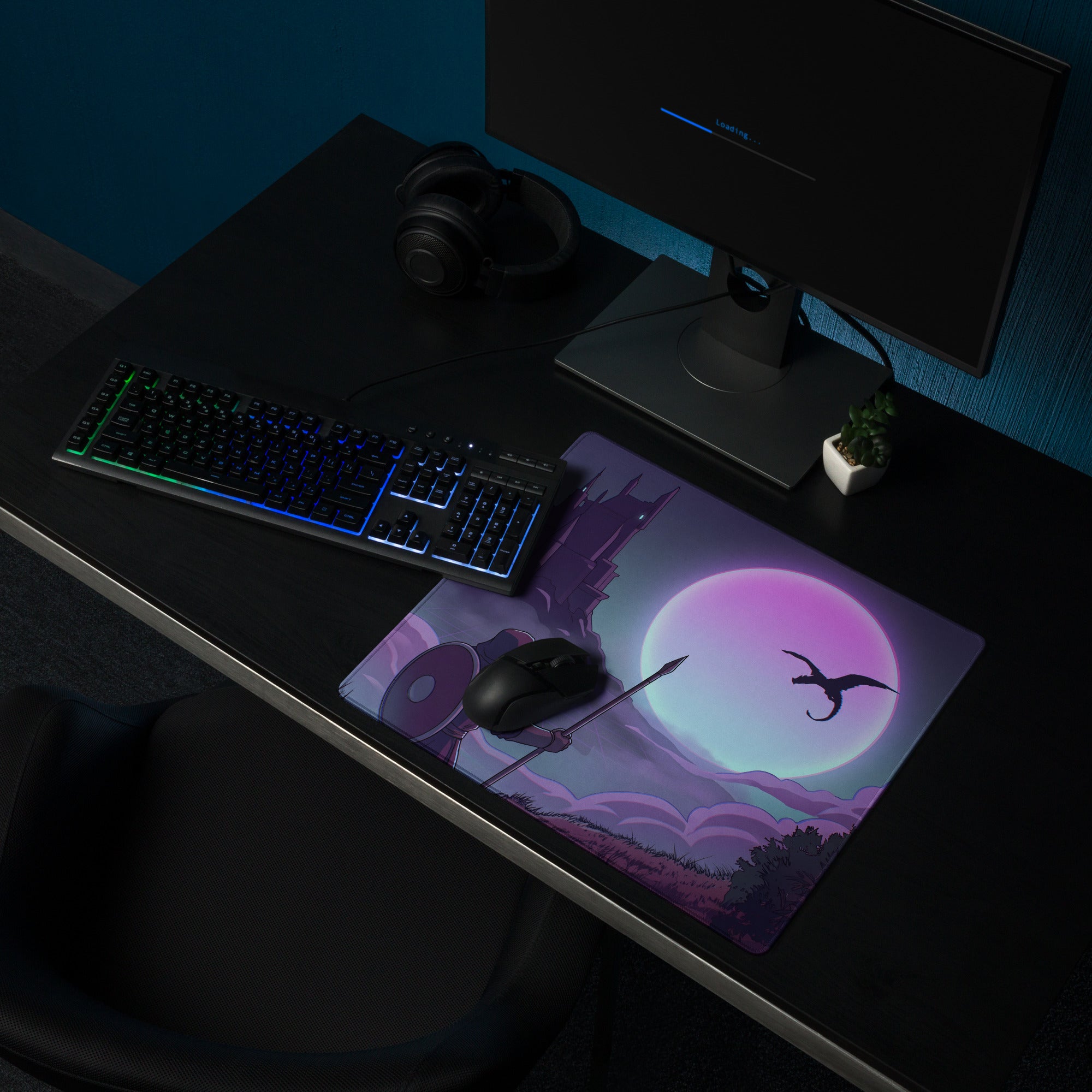 Purple and pink vaporwave neon moon gaming mouse pad featuring a dragon silhouette against a glowing moon design