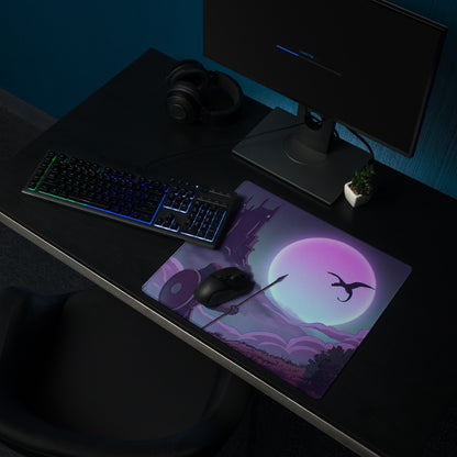 Purple and pink vaporwave neon moon gaming mouse pad featuring a dragon silhouette against a glowing moon design