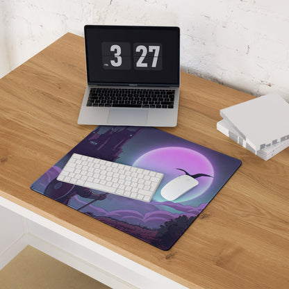 Purple and black vaporwave neon moon mouse pad with castle moon and bird design for gaming desk use