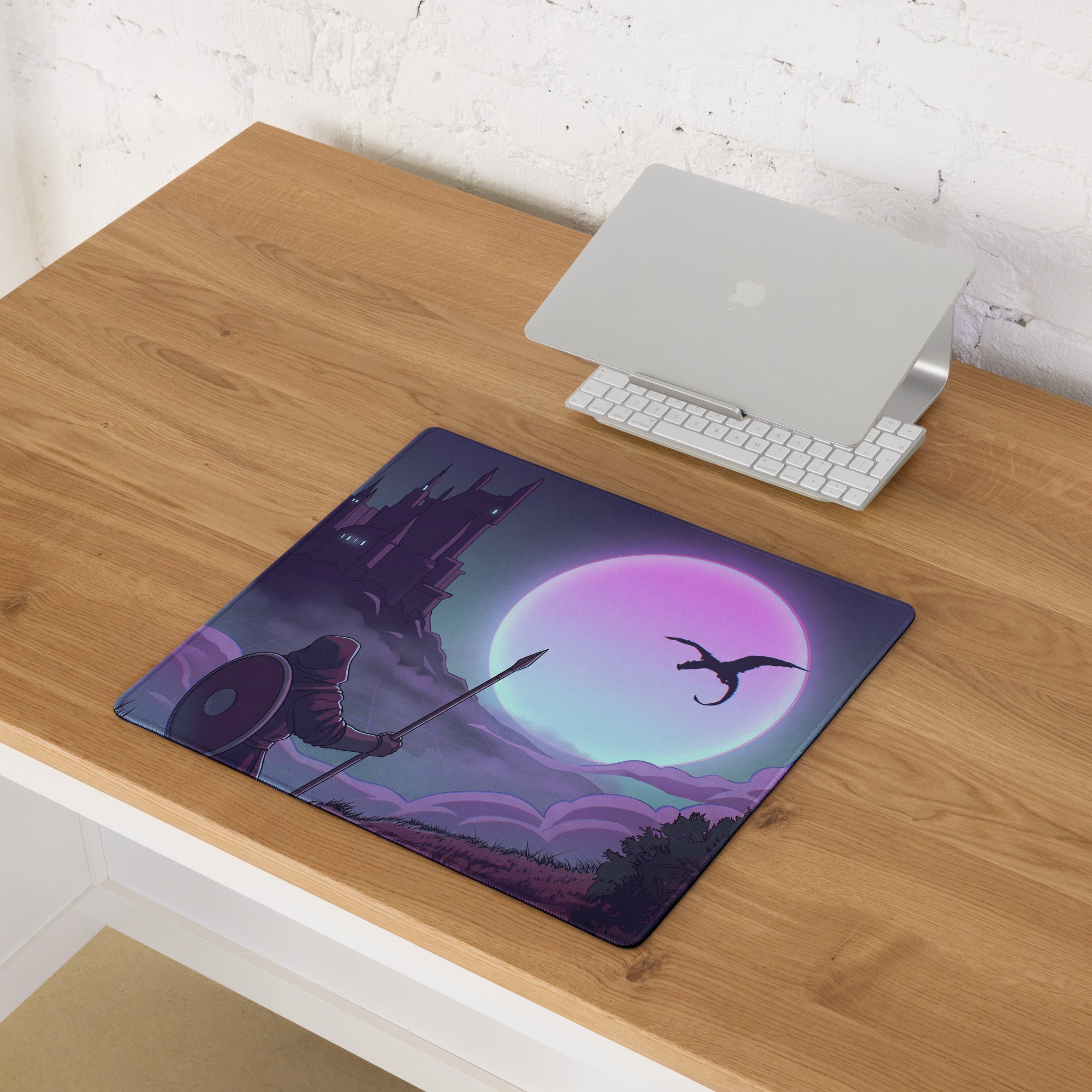 Purple and blue vaporwave neon moon mouse pad featuring a knight with spear dragon silhouette and castle under glowing moon