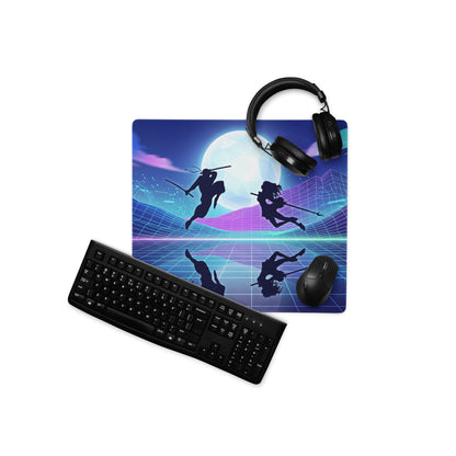 Neon vaporwave nightscape mouse pad with vibrant blue and purple retro-futuristic ninja silhouettes and glowing moon design