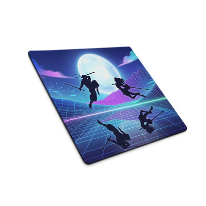 Neon vaporwave nightscape mouse pad with vibrant blue and purple retro-futuristic ninja silhouettes and neon grid design