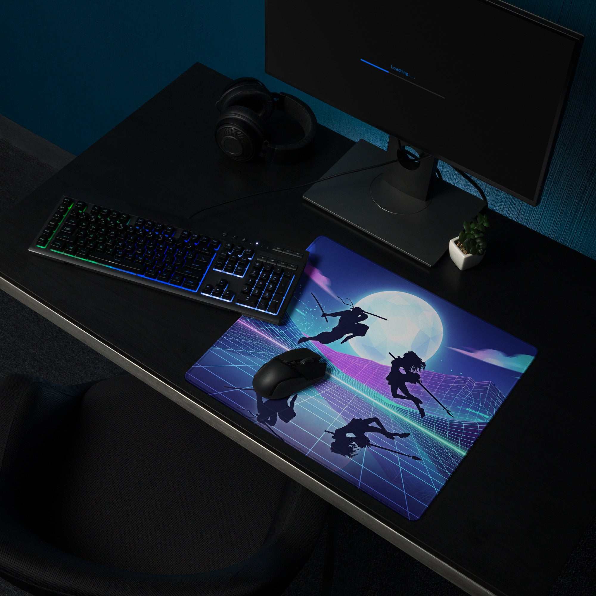 Neon vaporwave nightscape mouse pad with vibrant purple and blue ninja silhouettes against glowing moon and grid design