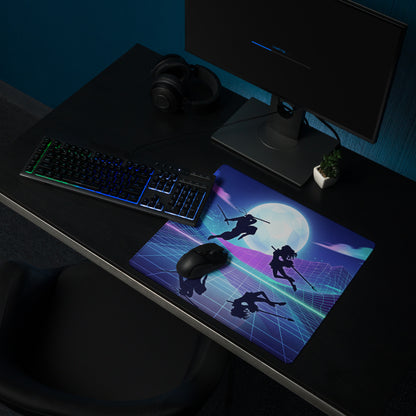 Neon vaporwave nightscape mouse pad with vibrant purple and blue ninja silhouettes against glowing moon and grid design
