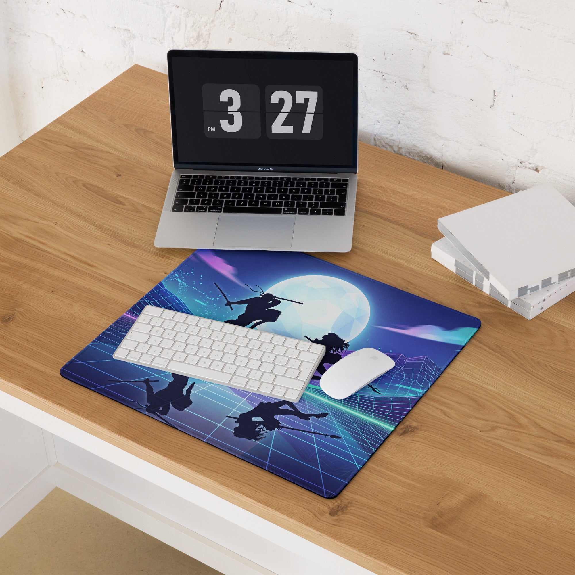 Neon vaporwave nightscape mouse pad featuring blue anime silhouettes against a moonlit cyberpunk background for gaming