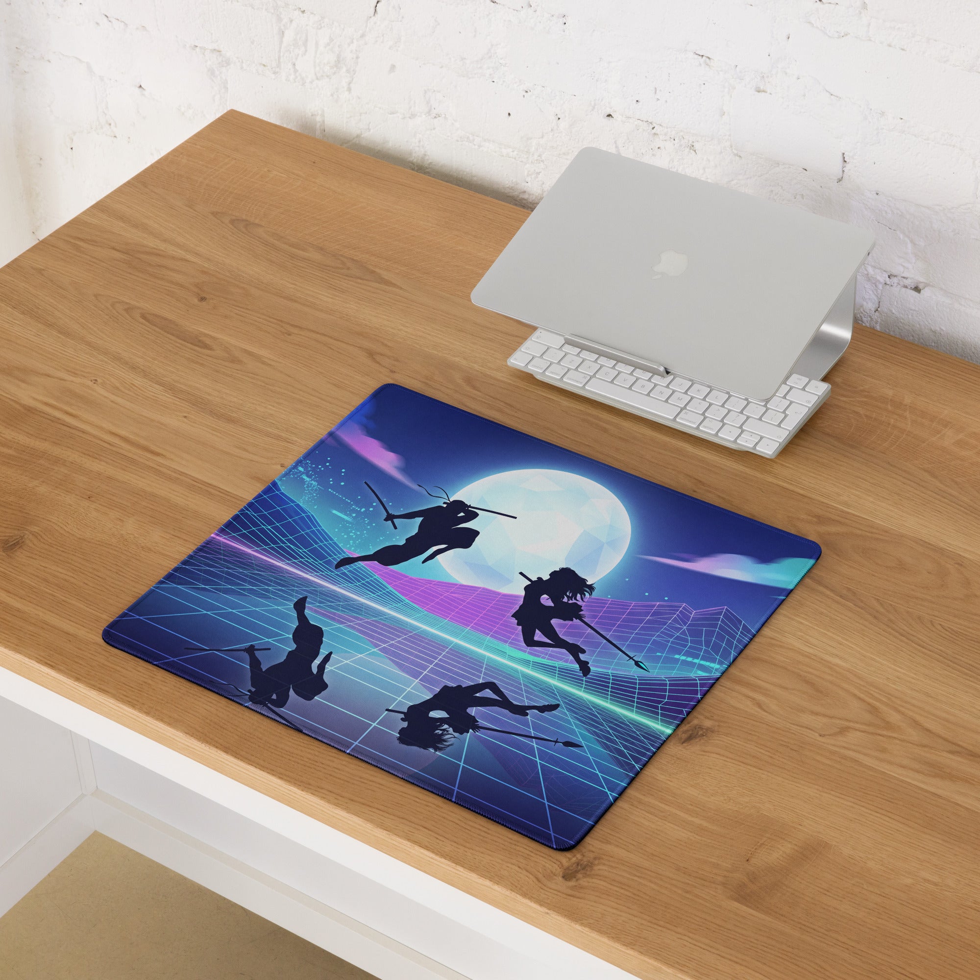 Rectangular neon vaporwave nightscape mouse pad with vibrant blue and purple grid and ninja silhouettes under moon