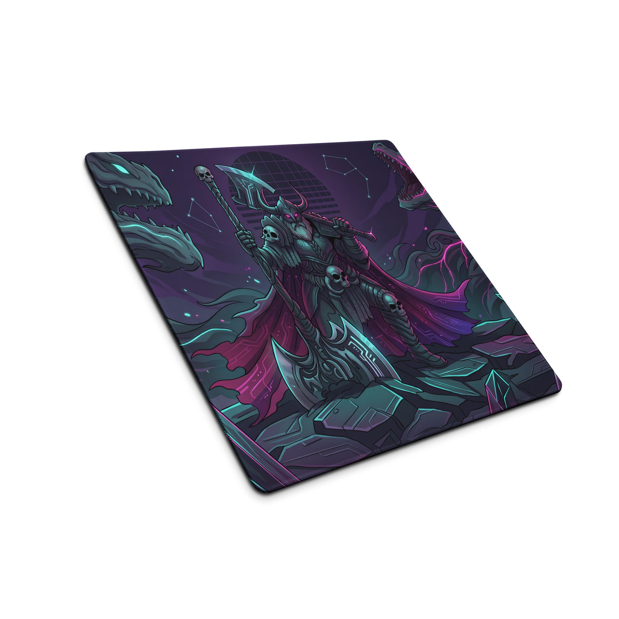 Vaporwave neon dragon battle gaming mouse pad in dark purple and teal featuring a skeletal warrior with glowing red eyes