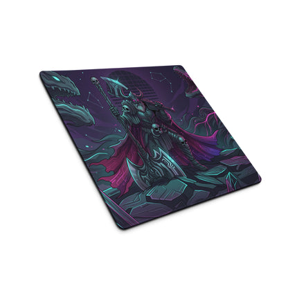 Vaporwave neon dragon battle gaming mouse pad in dark purple and teal featuring a skeletal warrior with glowing red eyes