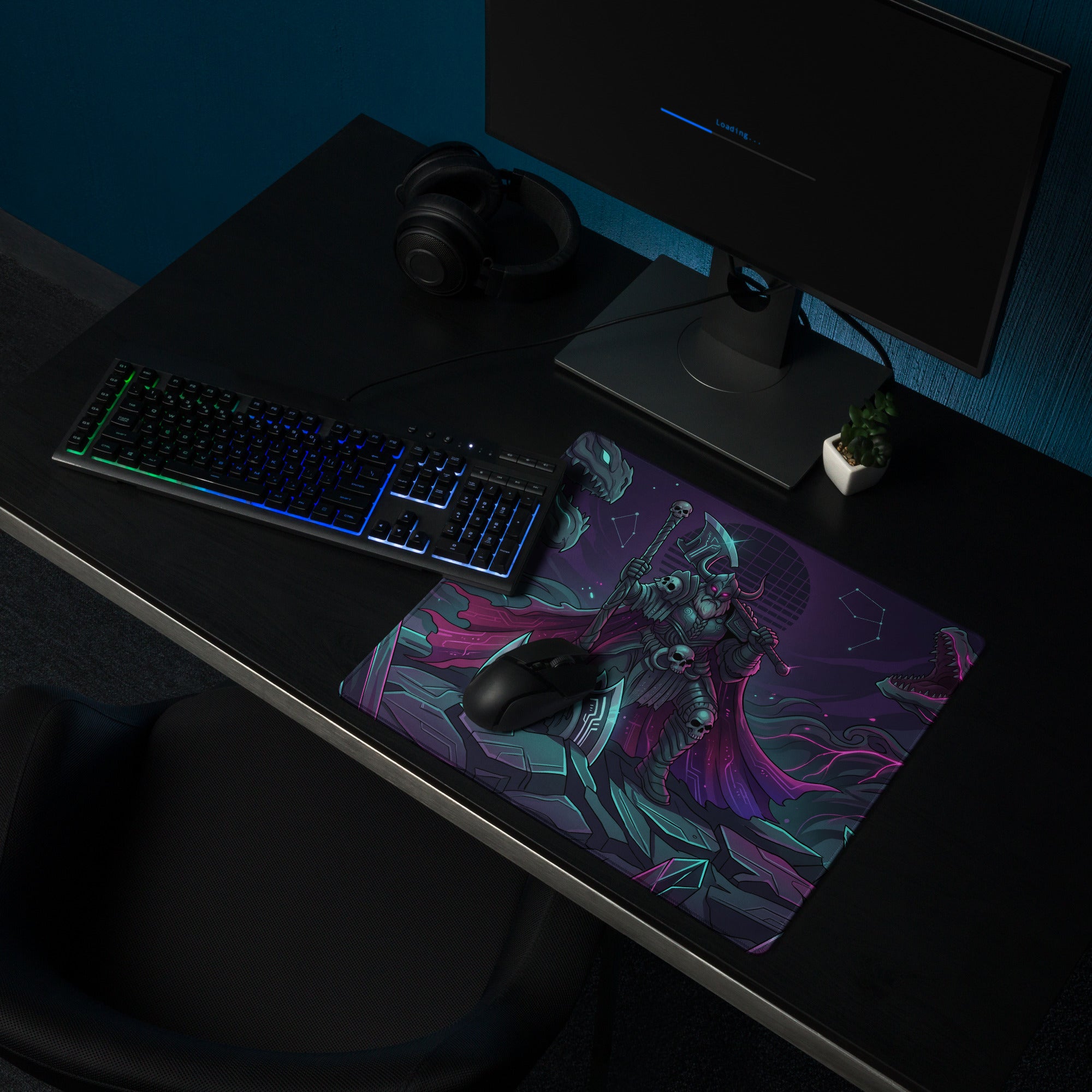 Vaporwave neon dragon battle gaming mouse pad with vibrant teal purple fantasy warrior design on cosmic background