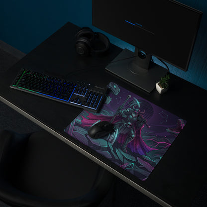 Vaporwave neon dragon battle gaming mouse pad with vibrant teal purple fantasy warrior design on cosmic background