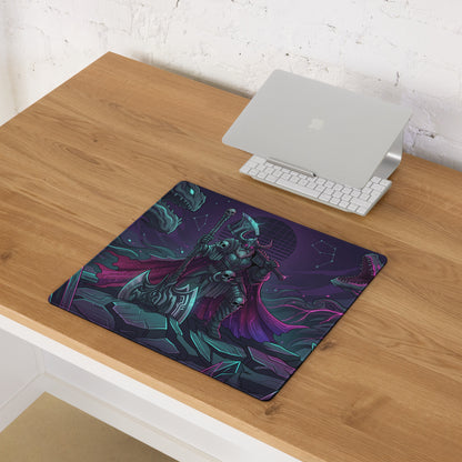 Vaporwave neon dragon battle gaming mouse pad in dark purple and teal featuring a fantasy warrior with dragons and cosmic elements