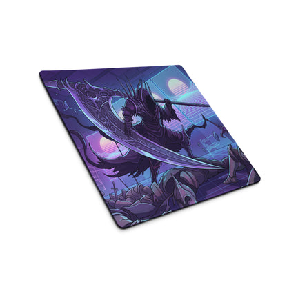Purple and black gaming mouse pad featuring a fantasy warrior with a large curved sword in a retro-futuristic neon vaporwave design