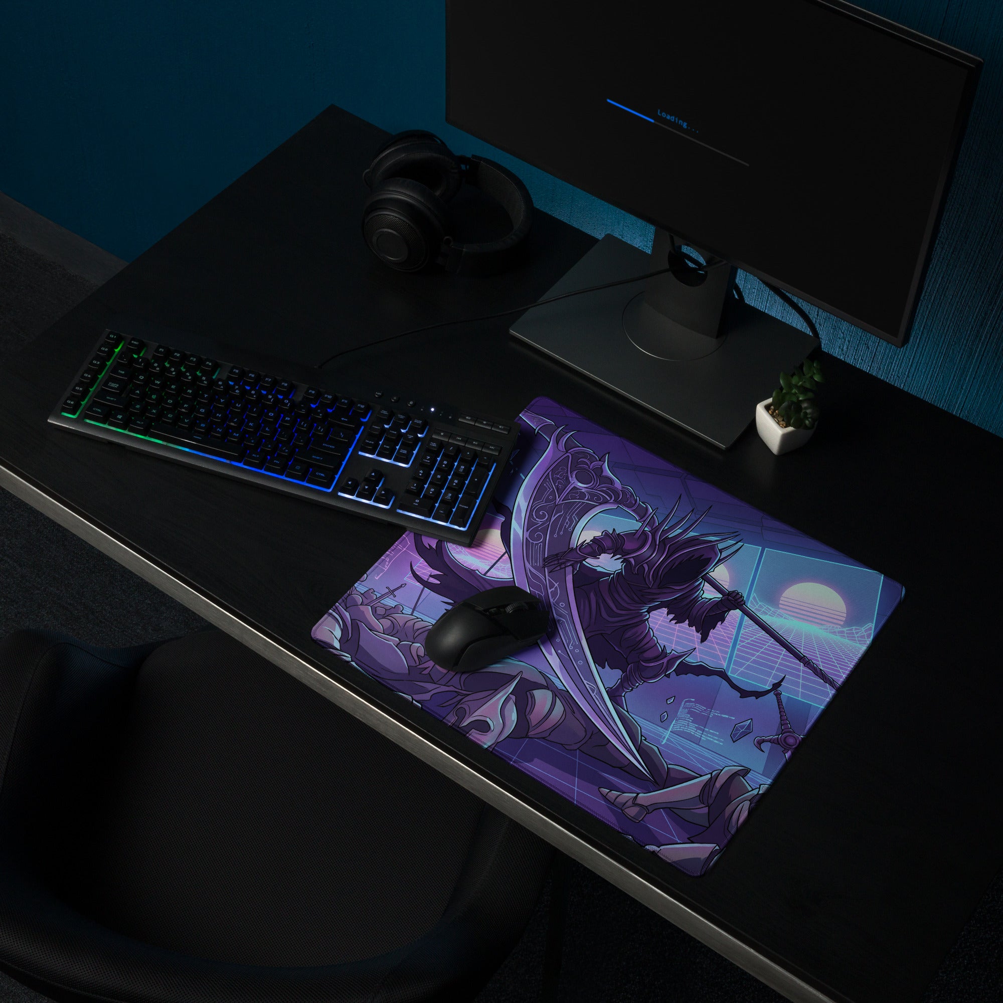 Purple and black gaming mousepad with neon vaporwave warrior and sword against neon sunset backdrop for desk setup