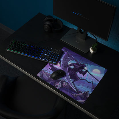 Purple and black gaming mousepad with neon vaporwave warrior and sword against neon sunset backdrop for desk setup