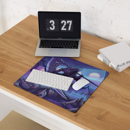 Purple and blue neon vaporwave warrior mouse pad with retro-futuristic gaming art and cyberpunk sunset design