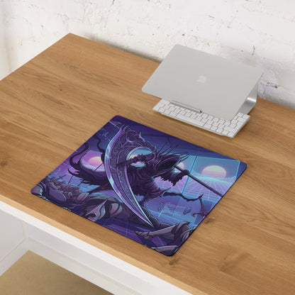 Purple and black neon vaporwave warrior mouse pad featuring fantasy warrior with scythe on retro-futuristic backdrop