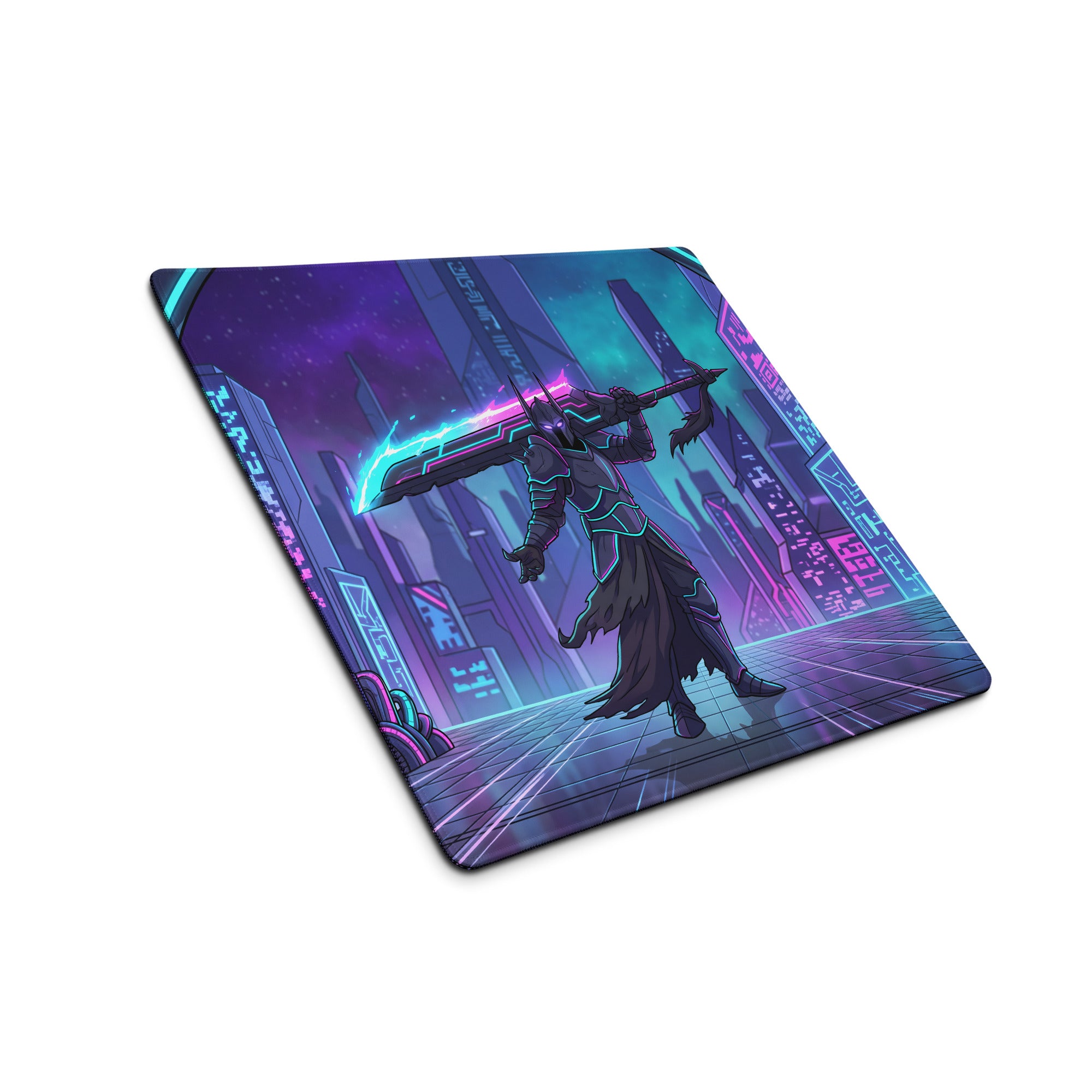 Neon night vaporwave gaming mouse pad with nebula theme featuring a cyberpunk warrior and neon cityscape in pink cyan purple