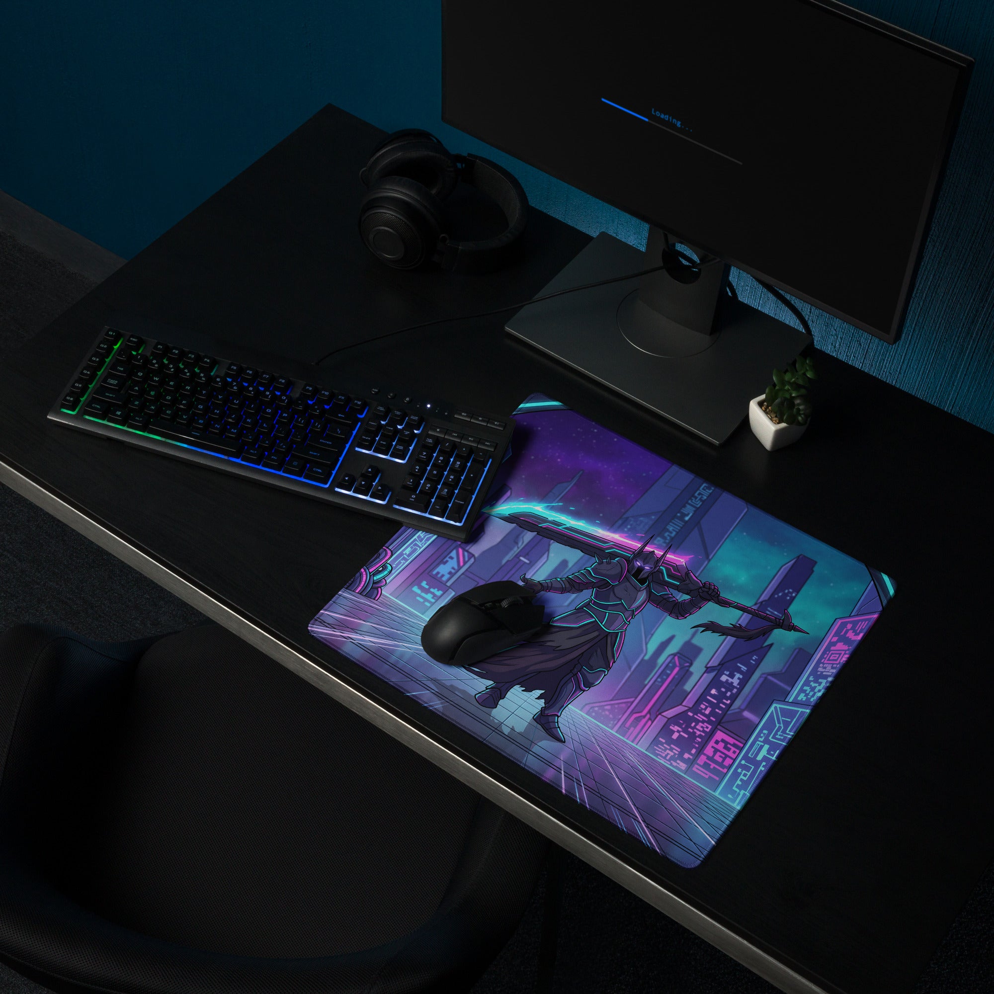 Neon night vaporwave gaming mouse pad with vibrant nebula purple teal neon cityscape design for retro setup decor