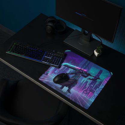 Neon night vaporwave gaming mouse pad with vibrant nebula purple teal neon cityscape design for retro setup decor