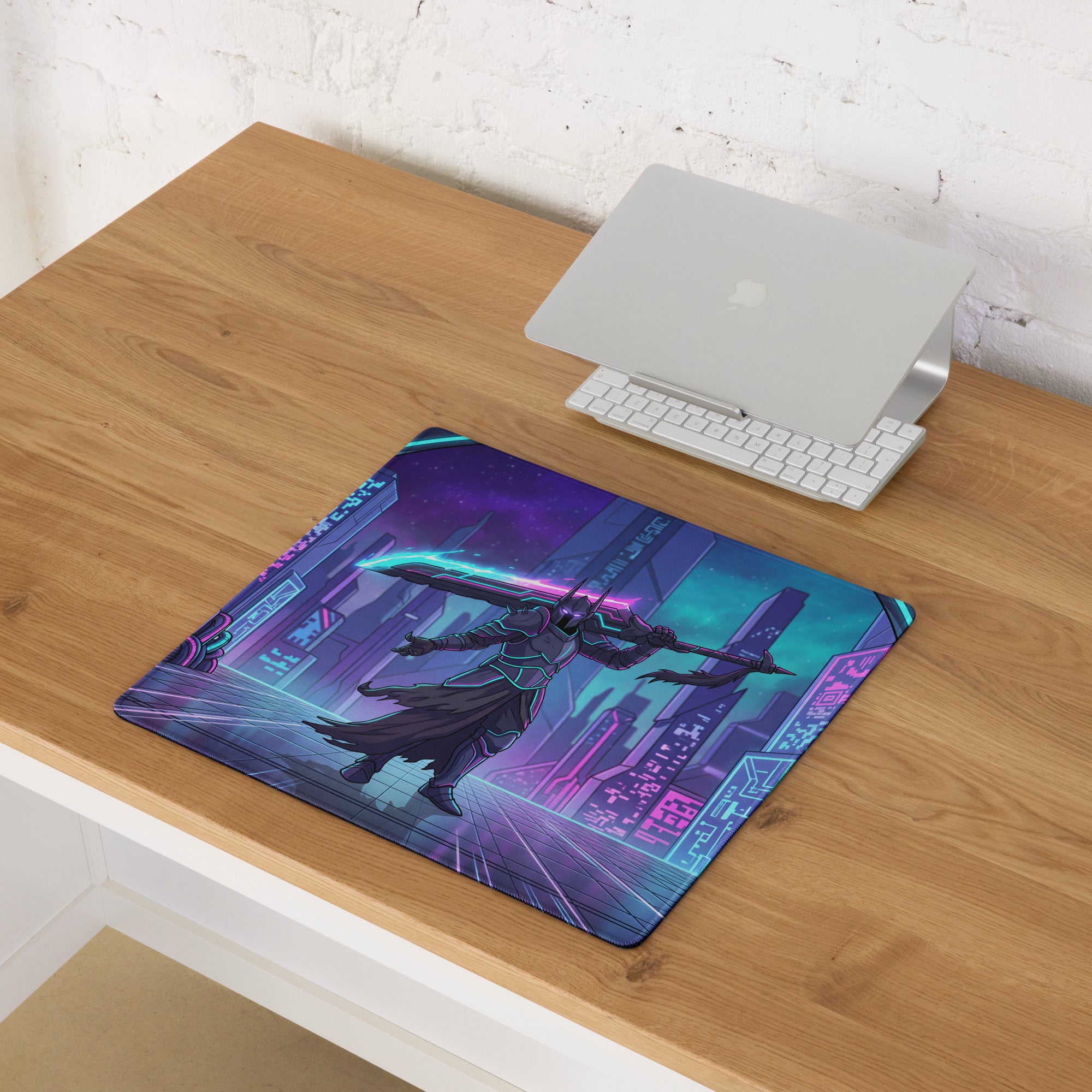 A rectangular neon night vaporwave gaming mouse pad with a vibrant cyberpunk warrior design and pink cyan purple colors