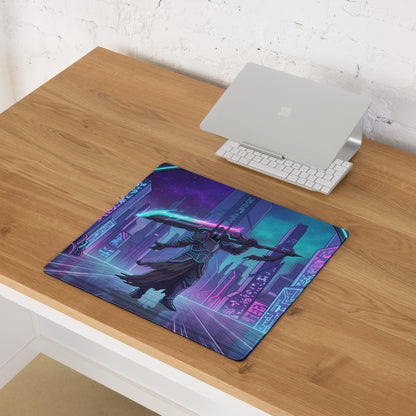 A rectangular neon night vaporwave gaming mouse pad with a vibrant cyberpunk warrior design and pink cyan purple colors