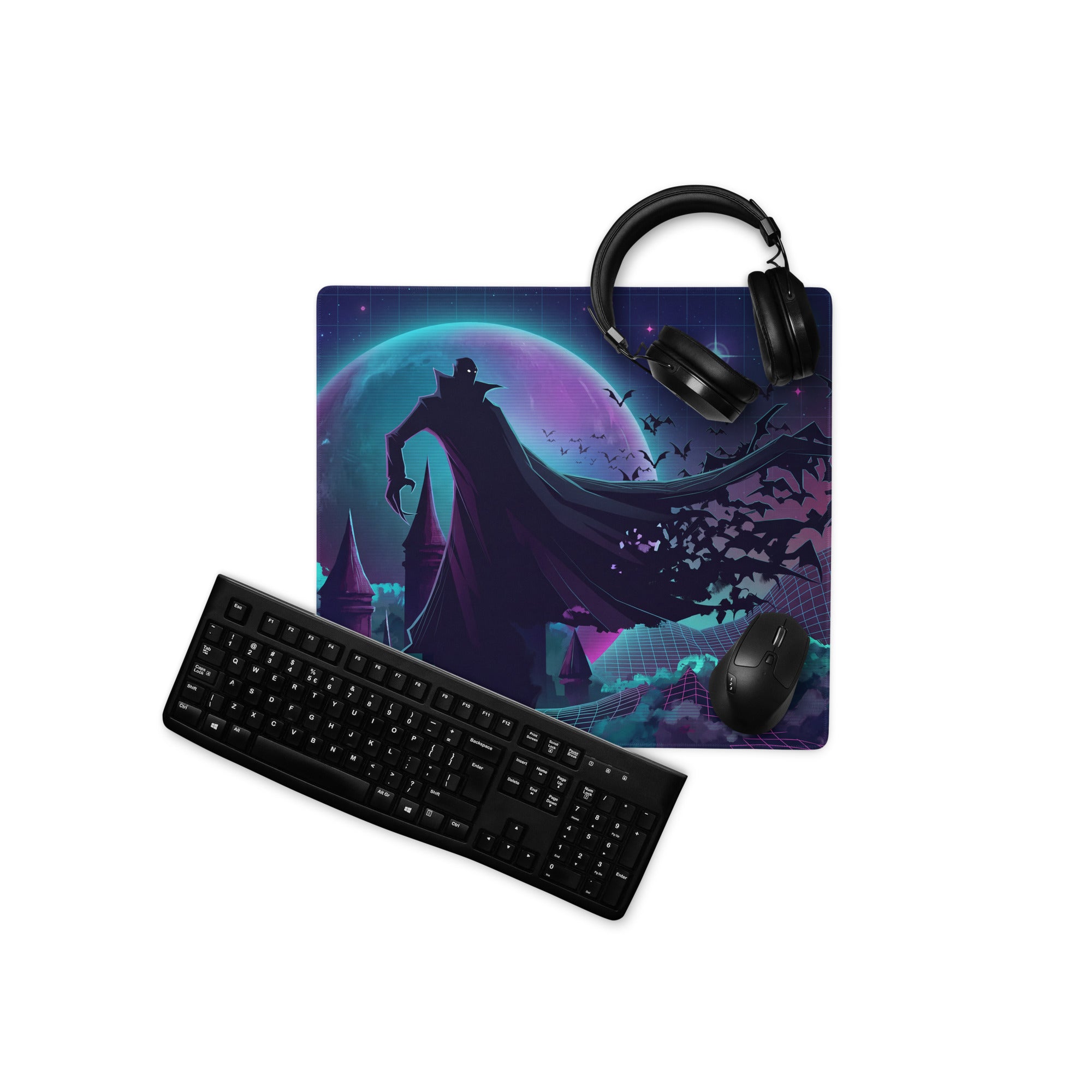 Vampire-themed vaporwave galaxy neon mouse pad with dark purple teal cosmic design bats and gothic spires for gaming