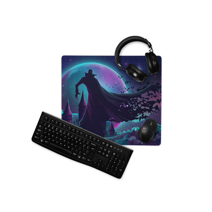 Vampire-themed vaporwave galaxy neon mouse pad with dark purple teal cosmic design bats and gothic spires for gaming