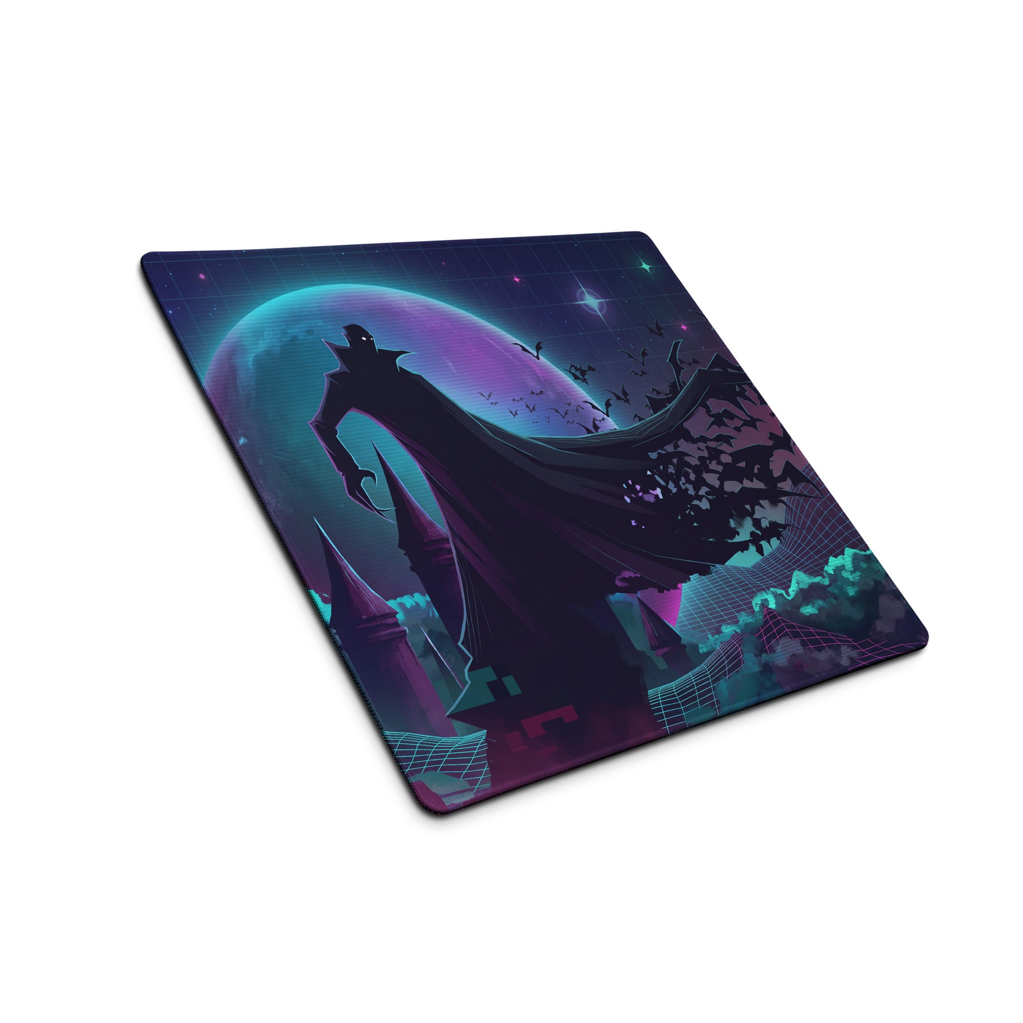 Vaporwave galaxy neon gaming mouse pad in navy blue teal with cloaked figure silhouette against purple moonlit sky