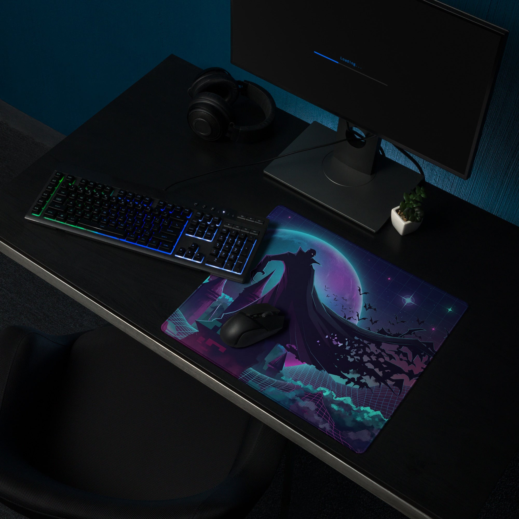 Vaporwave galaxy neon gaming mouse pad with stylized batman silhouette on purple teal cosmic backdrop for esports decor