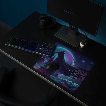 Vaporwave galaxy neon gaming mouse pad with stylized batman silhouette on purple teal cosmic backdrop for esports decor