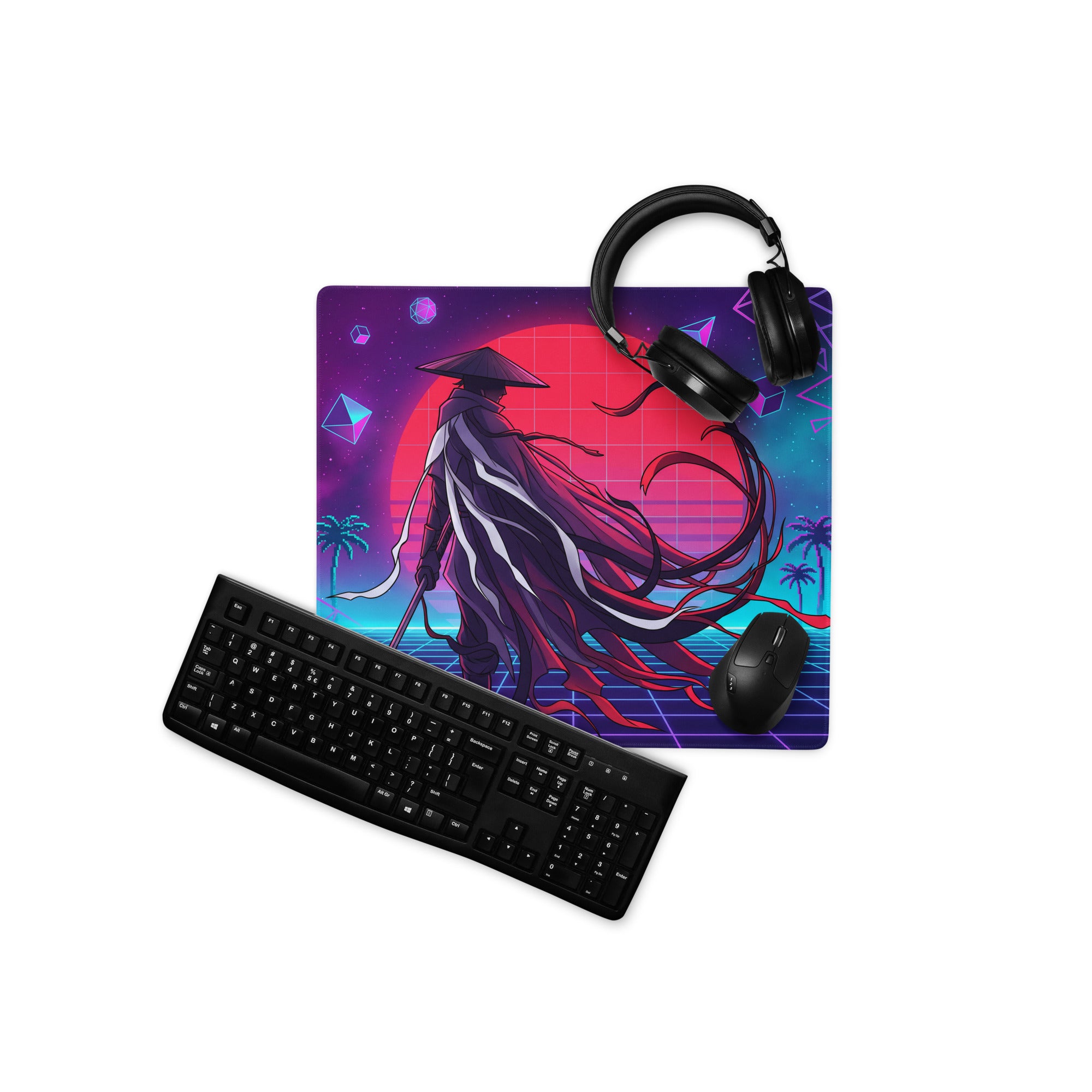 Vibrant retro-futuristic vaporwave neon samurai mouse pad with pink and purple grid for cyberpunk gaming setup