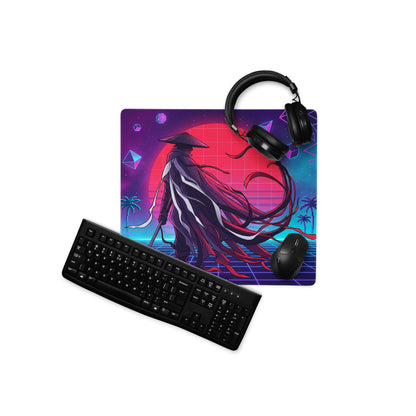 Vibrant retro-futuristic vaporwave neon samurai mouse pad with pink and purple grid for cyberpunk gaming setup
