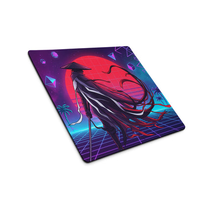 Vaporwave neon samurai mouse pad with ninjago ninja silhouette red sun and purple blue retro futuristic grid design